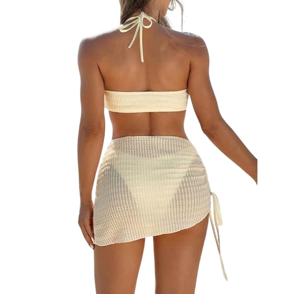 NWOT SweatyRocks Beige 3 Pc Texture Halter Tie Bikini Drawstring Skirt Large - Picture 2 of 11